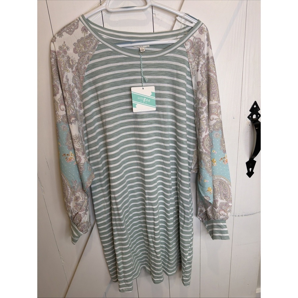 Umgee USA Womens Striped Raglan Sleeve Dress Green White Paisley Size L New